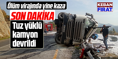 Tuz yüklü kamyon devrildi